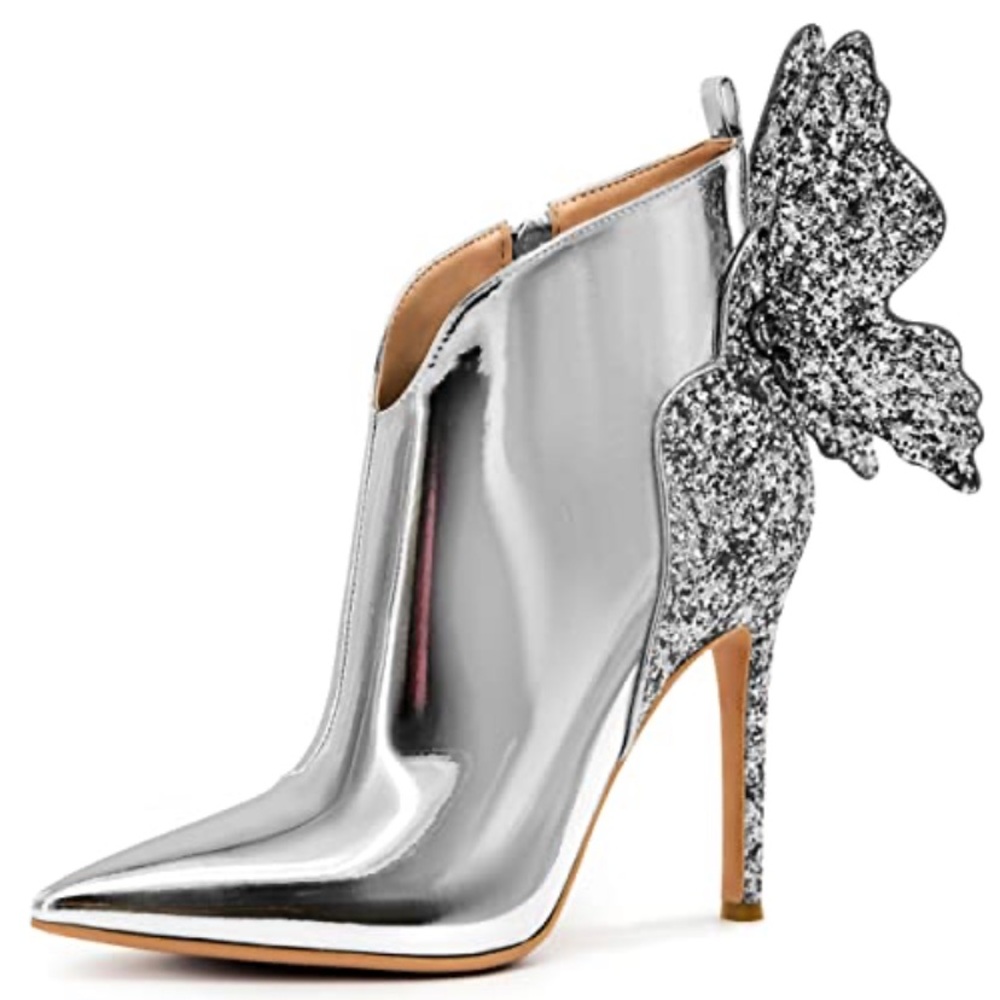Silver Glitter Butterfly Ankle Boots